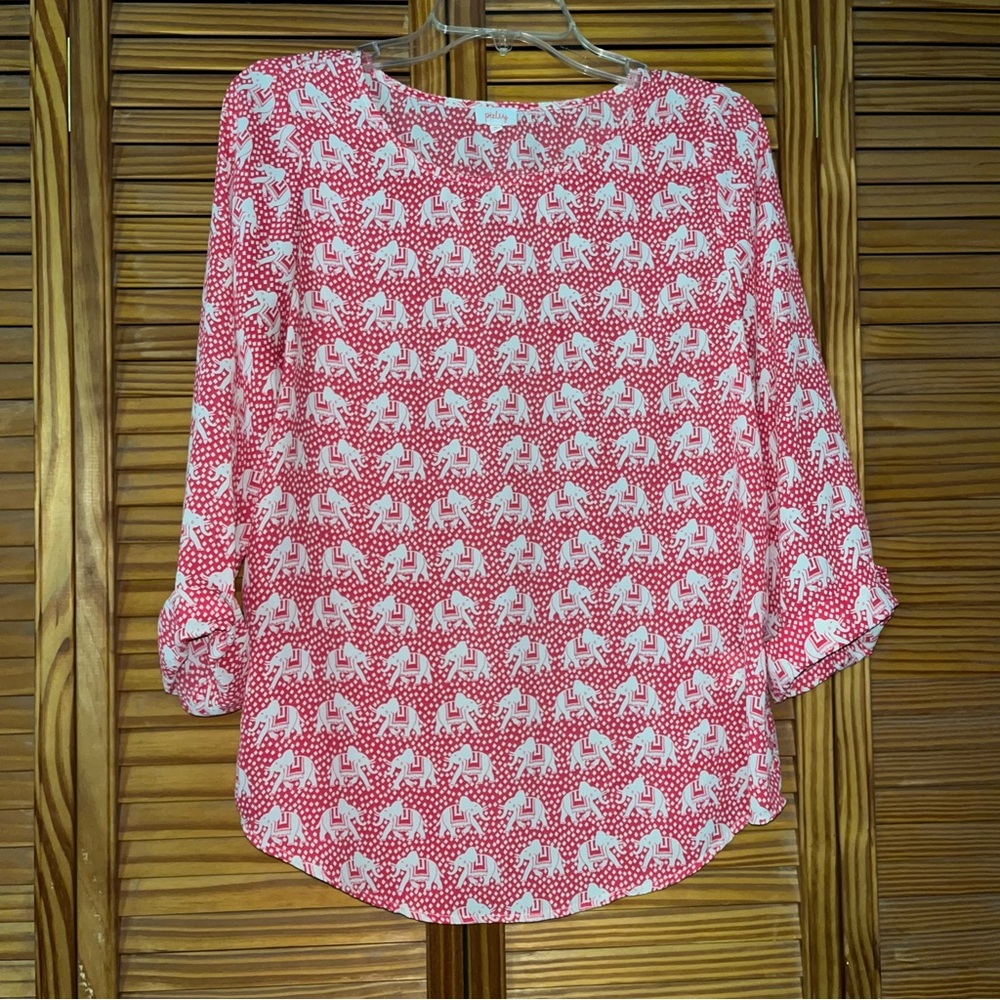 Pixley Lightweight Elephant Print‎ Red 3/4 Sleeve Top Size Small